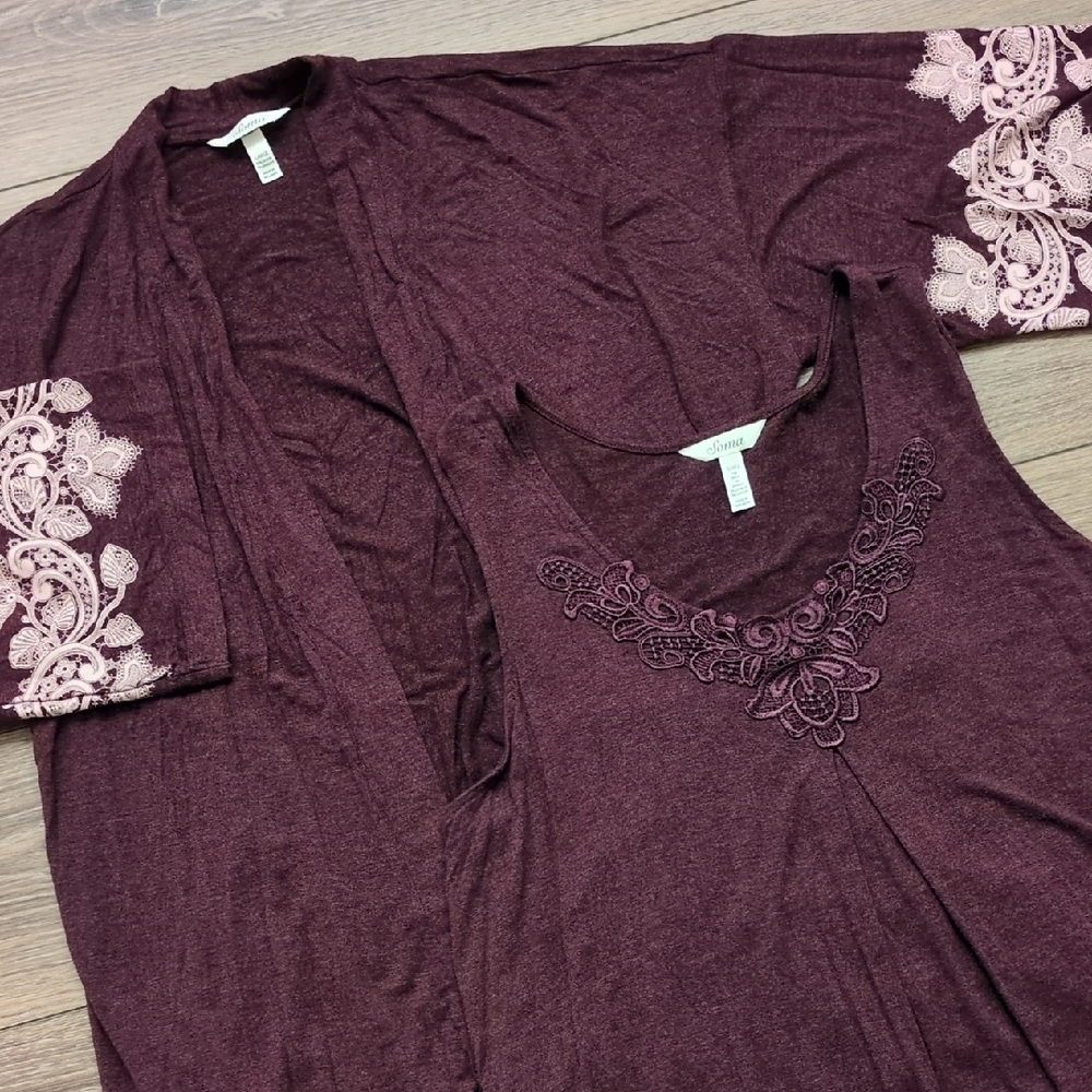 Soma Matching Sleeveless Top & Open Front Cardigan Set - Burgundy Purple XL, L
